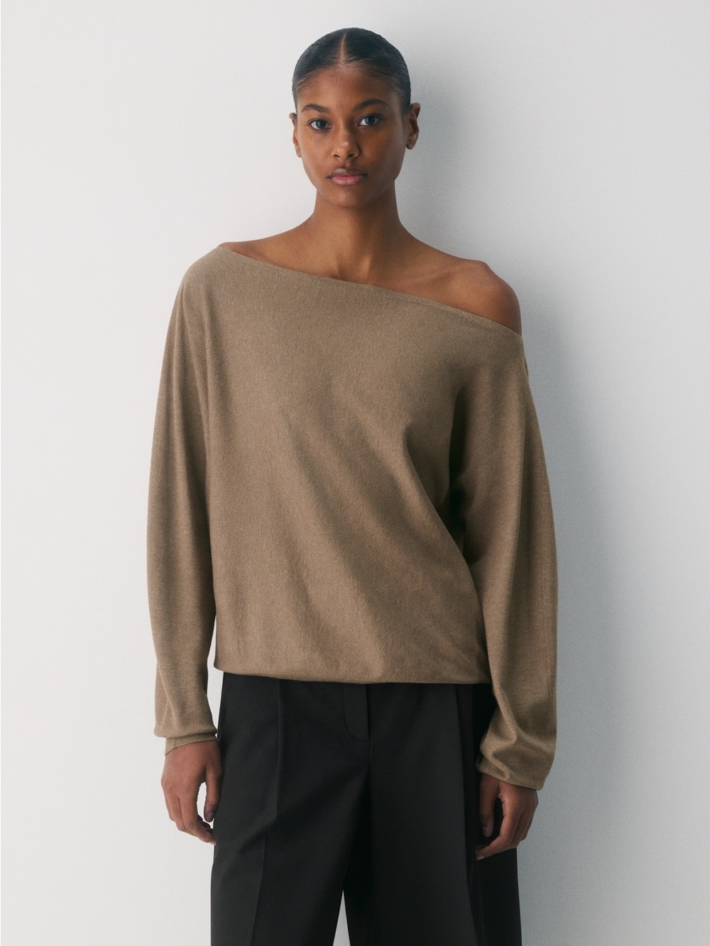Aritzia Off-Shoulder Taupe Knit Sweater